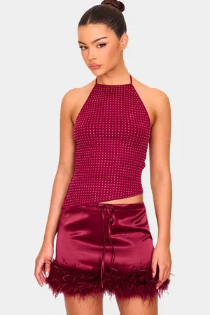 PRETTYLITTLETHING Burgundy Hot Fix Halterneck Open Back Long Top