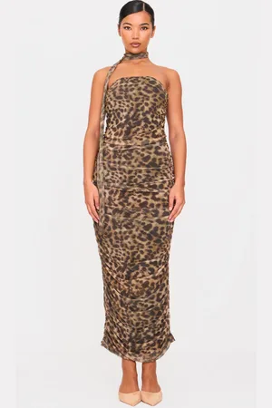 PRETTYLITTLETHING Leopard Print Mesh Bandeau Scarf Maxi Dress