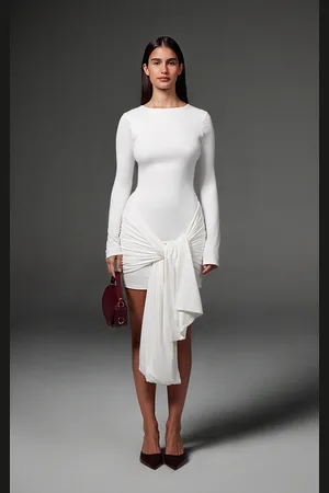 PRETTYLITTLETHING Cream Double Contour Long Sleeve Wrap Detail Bodycon Dress