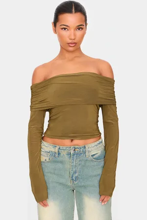 PRETTYLITTLETHING Olive Slinky Bardot Long Sleeve Long Top