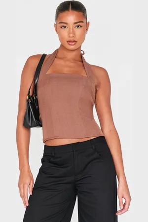 PRETTYLITTLETHING Mocha Woven Halterneck Long Top