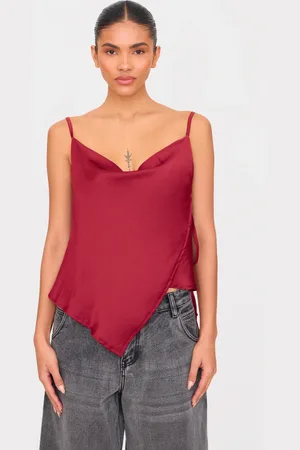 PRETTYLITTLETHING Burgundy Satin Split Hem Asymmetric Long Top