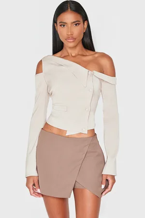 PRETTYLITTLETHING Stone Premium Woven Asymmetric Bardot Waistcoat Style Top