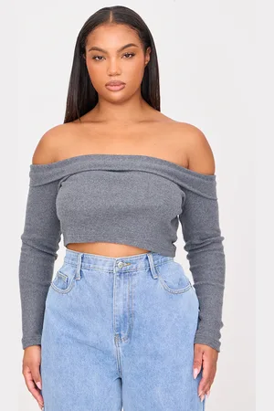 PRETTYLITTLETHING Plus Charcoal Brushed Rib Long Sleeve Bardot Top