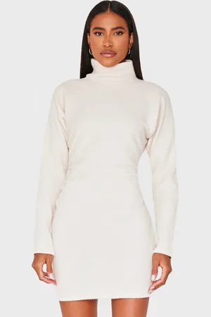 PRETTYLITTLETHING Cream Slouchy Ruched Detail High Neck Bodycon Dress