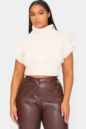 PRETTYLITTLETHING Plus Cream Cable Knit Cap Sleeve Roll Neck Cropped Vest