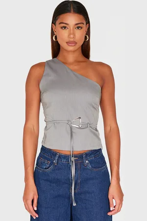 PRETTYLITTLETHING One Shoulder Belt Buckle Detail Long Top