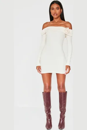PRETTYLITTLETHING Cream Brushed Rib Fold Over Bardot Corsage Detail Bodycon Dress