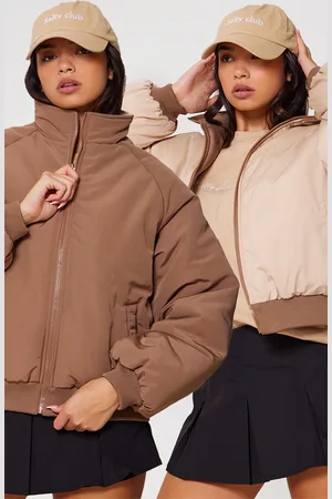 PRETTYLITTLETHING Taupe & Sand Reversible Bomber Puffer Jacket