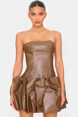PRETTYLITTLETHING Faux Leather Bandeau Puffball Mini Dress