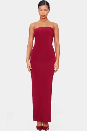 PRETTYLITTLETHING Burgundy Double Layer Slinky Bandeau Low Back Maxi Dress