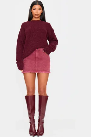 PRETTYLITTLETHING Washed Burgundy Raw Hem Denim Mini Skirt