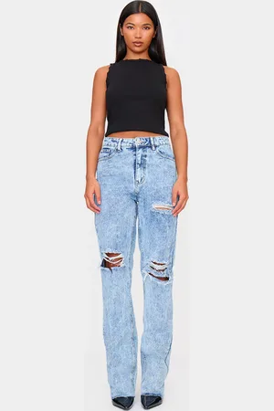 PRETTYLITTLETHING Acid Wash Ripped Long Leg Straight Jeans