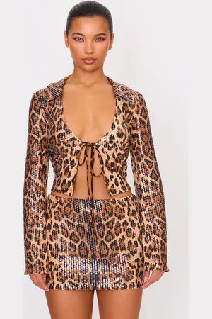 PRETTYLITTLETHING Leopard Print Sequin Tie Front Detail Long Sleeve Shirt