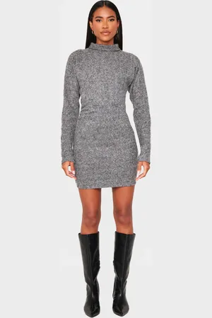 PRETTYLITTLETHING Charcoal Slouchy Ruched Detail High Neck Bodycon Dress