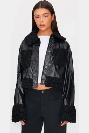 PRETTYLITTLETHING Borg Pocket Front Faux Leather Cropped Coat