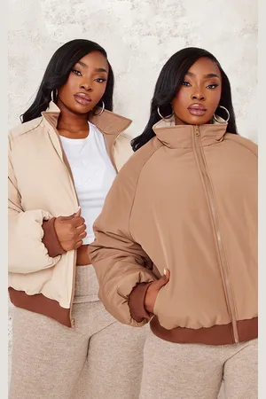 PRETTYLITTLETHING Plus Taupe And Sand Reversible Bomber Puffer