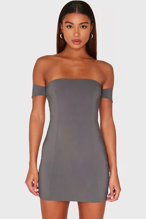 PRETTYLITTLETHING Charcoal Bardot Bengaline Bodycon Dress