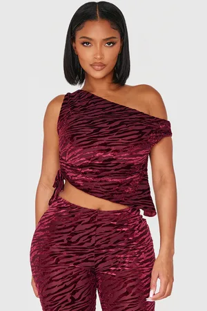 PRETTYLITTLETHING Shape Burgundy Zebra Devore Asymmetric Off Shoulder Top