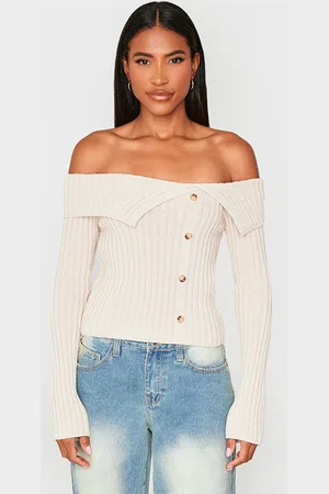 PRETTYLITTLETHING Thick Rib Bardot Foldover Button Up Top
