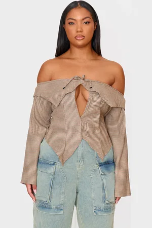 PRETTYLITTLETHING Plus Check Bardot Long Sleeve Top