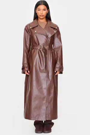 PRETTYLITTLETHING Faux Leather Belted Trench Coat