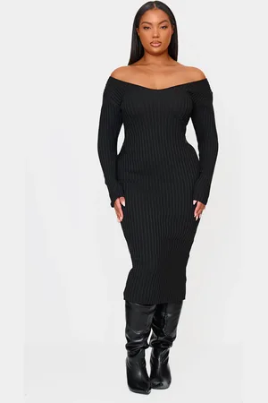 PRETTYLITTLETHING Plus Off Shoulder Rib Knitted Midaxi Dress