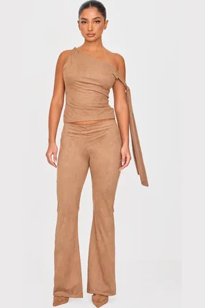 PRETTYLITTLETHING Petite Faux Suede Low Rise Flare Trousers