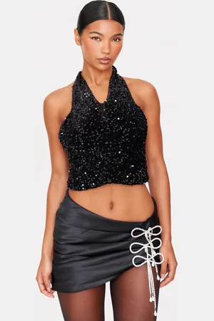 PRETTYLITTLETHING Velvet Sequin Halterneck Long Top