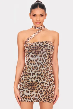 PRETTYLITTLETHING Leopard Printed Mesh Tie Neck Mini Dress