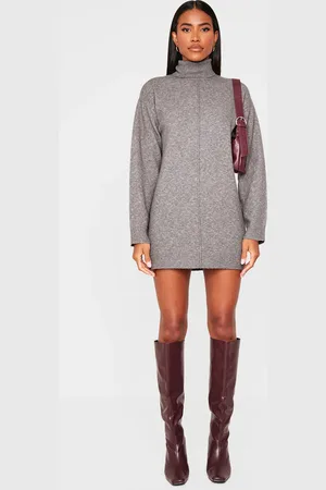 PRETTYLITTLETHING Charcoal Soft Knit Roll Neck Oversized Seam Detail Jumper Dress