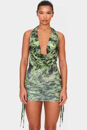 PRETTYLITTLETHING Abstract Printed Slinky Cowl Neck Ruched Side Mini Dress