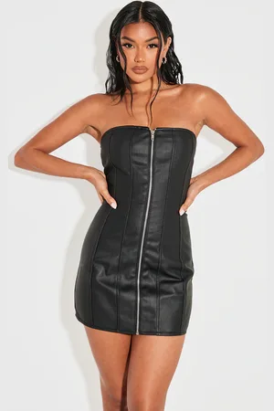 PRETTYLITTLETHING Coated Denim Exposed Seam Zip Up Bandeau Dress