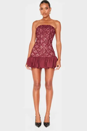 PRETTYLITTLETHING Burgundy Floral Textured Bandeau Puffball Hem Shift Dress