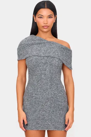 PRETTYLITTLETHING Charcoal Brushed Rib Asymmetric Bodycon Dress