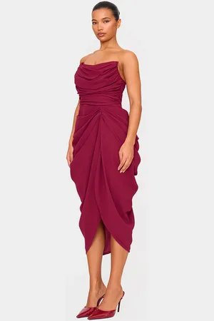 PRETTYLITTLETHING Burgundy Chiffon Corset Bandeau Draped Midi Dress