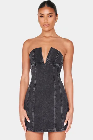 PRETTYLITTLETHING Plunge Detail Strapless Denim Mini Dress