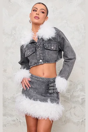 PRETTYLITTLETHING Denim Cropped Faux Fur Trim Detail Jacket