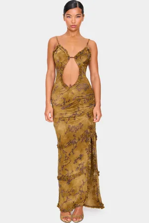 PRETTYLITTLETHING Floral Printed Devore Cut Out Cami Split Hem Maxi Dress