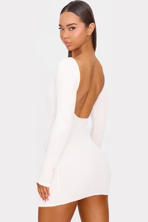 PRETTYLITTLETHING Cream Textured Scoop Back Long Sleeve Bodycon Dress