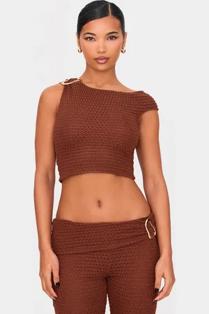 PRETTYLITTLETHING Textured Trim Detail Off The Shoulder Crop Top