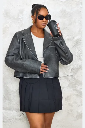 PRETTYLITTLETHING Plus Washed Faux Leather Cropped Blazer Jacket