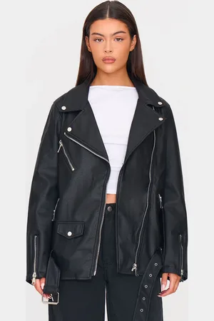 PRETTYLITTLETHING Faux Leather Longline Belted Biker Jacket
