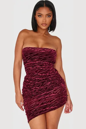 PRETTYLITTLETHING Shape Burgundy Zebra Devore Bandeau Ruched Side Mini Dress