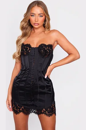 PRETTYLITTLETHING Lace Trim Satin Hook & Eye Detail Bandeau Bodycon Dress