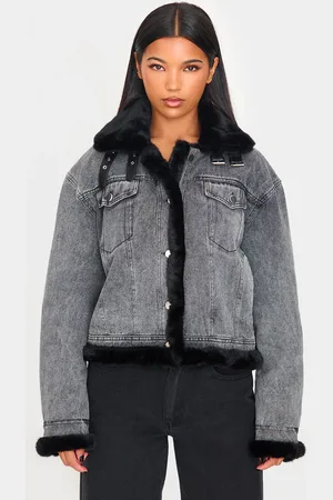 PRETTYLITTLETHING Soft Faux Fur Aviator Style Denim Jacket