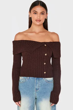 PRETTYLITTLETHING Thick Rib Bardot Foldover Button Up Top