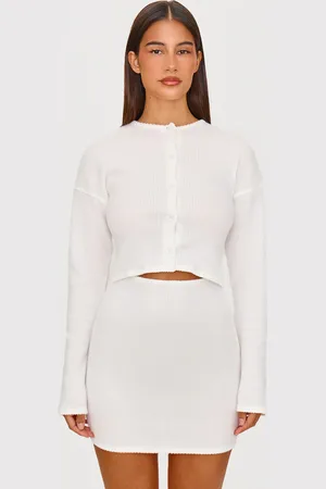 PRETTYLITTLETHING Cream Brushed Rib Button Detail Long Sleeve Bodycon Dress