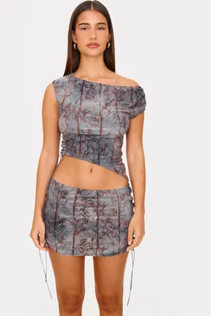 PRETTYLITTLETHING Charcoal Devore Tie Detail Off The Shoulder Top