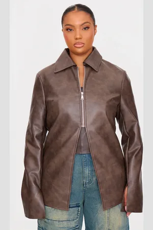 PRETTYLITTLETHING Plus Washed Split Hem Oversized Collar Detail Faux Leather Jacket